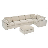 Sectional Sofa, 7-Seater Oversized Sofa with Movable Ottoman, Chenille Upholstered Modular Sofa Couch, Beige