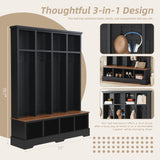 Farmhouse 59"W Wide Hall Tree with 8 Hooks, Practical Entryway Bench with Open Compartments, 76.7"H Modern 3-in-1 Wooden Style Coat and Shoe Rack for Mudroom, Living Room, Black