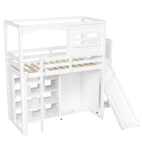 Twin Size Wood Loft Bed with Wardrobe, Storage Shelves, Slide & 7-Color LED Lights, Sturdy Pine/MDF Frame, White