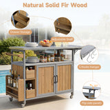 Rolling Patio BBQ Serving Cart Farmhouse Outdoor Kitchen Cart with Stainless Steel Top, Spice Rack, Towel Rack, Lockable Wheels,Gray&Brown