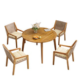 Outdoor Patio Dining Set, Acacia Wood Dining Table & 4 Woven Wicker Armchairs with Cushions, Weather-Resistant