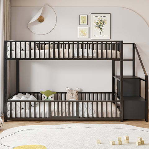 Twin Size Metal Bunk Bed Kid Bed Frame with Storage Ladder
