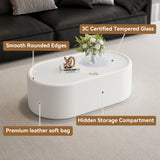 Oval Storage Coffee Table with Leather Upholstery & Tempered Glass Top, Sofa Side Table Cocktail Table Center Table, White