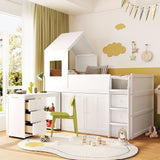 Twin Size Wooden Loft Bed with Desk, Drawers & Cabinets, All-in-One Bed Frame, House-Style Roof & Space-Saving