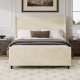 High Headboard Corduroy Upholstered Bed Frame with Vertical Stripe Wingback and High Footboard No Box Spring Needed