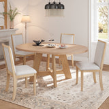 5-Piece Farmhouse Extendable Round Dining Table Set, Kitchen Table with 18" Removable Leaf & 4 Upholstered Dining Chairs