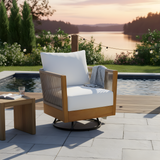 Garden Swivel Chair Patio Accent Chair Outdoor Armchair with Cushion, Acacia Wood, Handwoven Rope Design, Beige