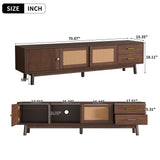 Mid Century Modern TV Stand for 80" TVs, Entertainment Center with Sliding Doors & Rattan Drawers, Media Console with Storage, Dark Brown