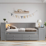 Full Size Daybed with Storage, Trundle Bed, Built-In Desk, LED Light & Charging Station, Gray