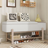 Farmhouse Upholstered Storage Bench, Modern Entryway Bench with Hidden Compartment & Lower Rack, Natural