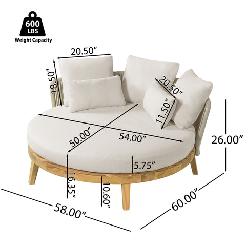 Outdoor Round Daybed with Beige Cushions, Acacia Wood Sofa, Weather-Resistant Patio Lounger for Poolside, Garden & Villa Courtyards