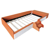 Twin Size Kid Platform Bed Frame Velvet Upholstered Daybed Toddler Bed with Storage Ottoman, Padded Guardrails & Stairs, Brown+White
