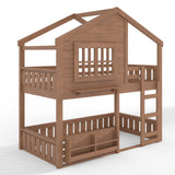 Twin Size Bunk Bed Loft Bed Kid Playful House Bed with Bookshelf & Safety Rail, Natural