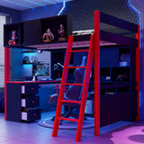 Full Size Gaming Loft Bed Wood Bed Frame with Desk, 7-Color Light Strip & Storage Shelves