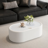 Oval Storage Coffee Table with Leather Upholstery & Tempered Glass Top, Sofa Side Table Cocktail Table Center Table, White