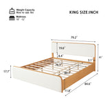 King Size Platform Bed Frame with White Upholstered Headboard & Footboard, Natural