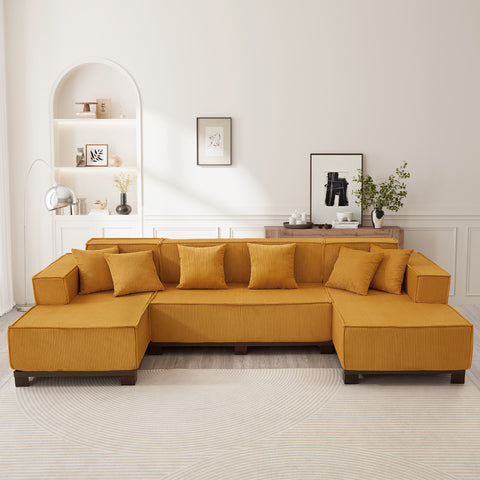 U-Shaped Sectional Sofa Upholstered Sofa Couch with Ligh t & 6 Pillows, Orange
