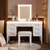 Vanity Desk Makeup Vanity Table Dressing Table with Mirror, Lights & 7 Drawers, Cushioned Stool, Makeup Dressing Table, White