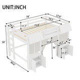 Full Loft Bed with Built-in Bookshelf, Cotton-Linen Curtain & Storage, Fairy Tale Cottage Loft Bed Frame, White