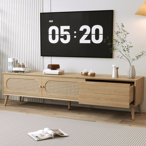 Boho TV Stand for TVs up to 80'', Modern Farmhouse Media Console, Entertainment Center with Solid Wood Legs, Natural