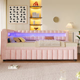 Twin XL to King Size Daybed Bed Upholstered Sofa Bed with LED Lights, USB Ports & Pull Out Trundle Bed, Pink