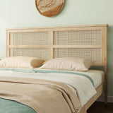 Queen Size Rubber Wood Platform Bed with Rattan Headboard, Bed Frame with Support Legs, Natural - ModernLuxe