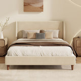 Queen Size Modern Cream Velvet Upholstered Platform Bed with Wingback Headboard and Walnut Wooden Legs, No Box Spring Needed
