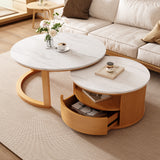 Round Nesting Coffee Table with White Marble Top, 2-Tier storage and 1 drawer, Natural, 28.5"