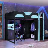 Full Size Gaming Loft Bed with Desk, RGB LED Lights & USB Charging, Wood Bed Frame, Multi-Storage Wardrobe & Pegboard
