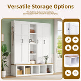 4-in-1 Hall Tree Entryway Bench Storage Bench Mudroom Coat Rack with Hooks, Storage Cabinet & Shelves, White