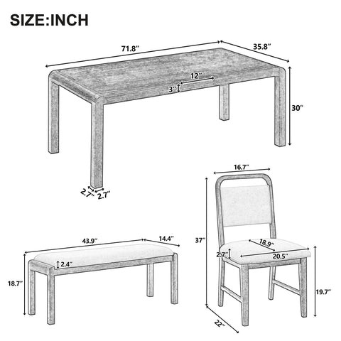 6-Piece Extendable Dining Set with 4 Upholstered Chairs & Bench, 60"-72" Mid-Century Modern Kitchen Table with Curved Legs