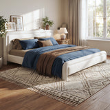 King Size Upholstered Platform Bed with Curved Headboard, Solid Bed Frame, No Box Spring Needed, White