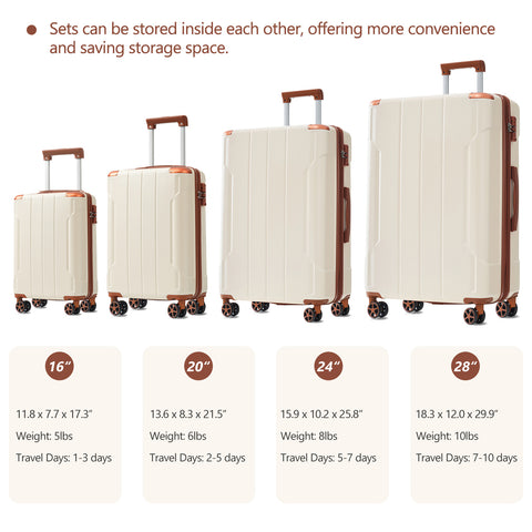 Hardshell Luggage Sets 6 Piece Suitcase Set, Expandable Lightweight Suitcases with Dual Wheels, TSA Lock, White Brown