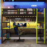 Twin Size Gaming Loft Bed with Desk & RGB Lights, Wood Bed Frame with USB Charging Ports & Side Organizer