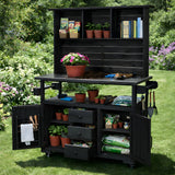 Large Garden Potting Bench with Stainless Steel Top, Outdoor Kitchen Island & BBQ Grill Cart with Storage Hutch & Lockable Wheels