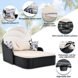 Outdoor Sunbed, Patio PE Rattan Daybed, Upholstered Chaise Lounger with Adjustable Canopy, Beige
