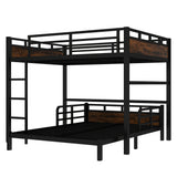 Queen over Queen Size Metal Bunk Bed with Detachable Platform Bed, Loft Bed, Black+Wood
