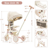 7 in 1 Baby Tricycle, Foldable Toddler Tricycle with Removable and Adjustable Parent Handle, Toddler Push Bike with Removable Pedal, Canopy, and Guardrail, Tricycle for 12-72 Months