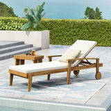 Outdoor Acacia Wood Chaise Lounge, 5-Position Adjustable Recliner Patio Lounge Chair with Water-Resistant Cushions