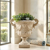 Classical Mythological Relief Urn Planter, Weather-Resistant Outdoor Flower Pot Patio Decorative Vase for Garden Entryway, Antique White