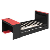 Twin Size Daybed with Trundle & Gaming Desk, Wood Bed Frame with RGB LED light, USB Ports & Keyboard Tray