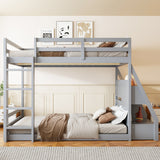 Full Size Bunk Bed Loft Bed with LED Light, USB Ports, Power Outlets, Storage Shelves & 2 Drawers, Gray