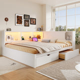 Queen Size Wood Daybed with Storage Shelves & 2 Drawers, Modern Platform Bed Frame with USB and LED