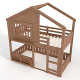 Twin Size Bunk Bed Loft Bed Kid Playful House Bed with Bookshelf & Safety Rail, Natural