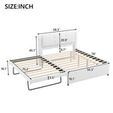 Full Size Upholstered Platform Bed Frame with Soft Padded Headboard & Trundle, Beige