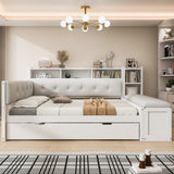 Full Size Daybed Sofa Bed Frame with Trundle, Storage Shelves, Charging Station & Upholstered Side Bench