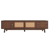 Mid Century Modern TV Stand for 80" TVs, Entertainment Center with Sliding Doors & Rattan Drawers, Media Console with Storage, Dark Brown