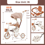 7 in 1 Stroller Baby Tricycle for 18-72 Months, Multifunctional Toddler Trike with Removable Push Rod, Canopy & Guardrail, Ivory