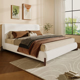 Upholstered Bed Frame with Solid Wood Legs, Elegant Boucle Platform Bed, King Size, White