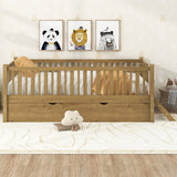 Twin Size Platform Bed, Wooden Bed Frame with Guardrail and Trundle, Walnut